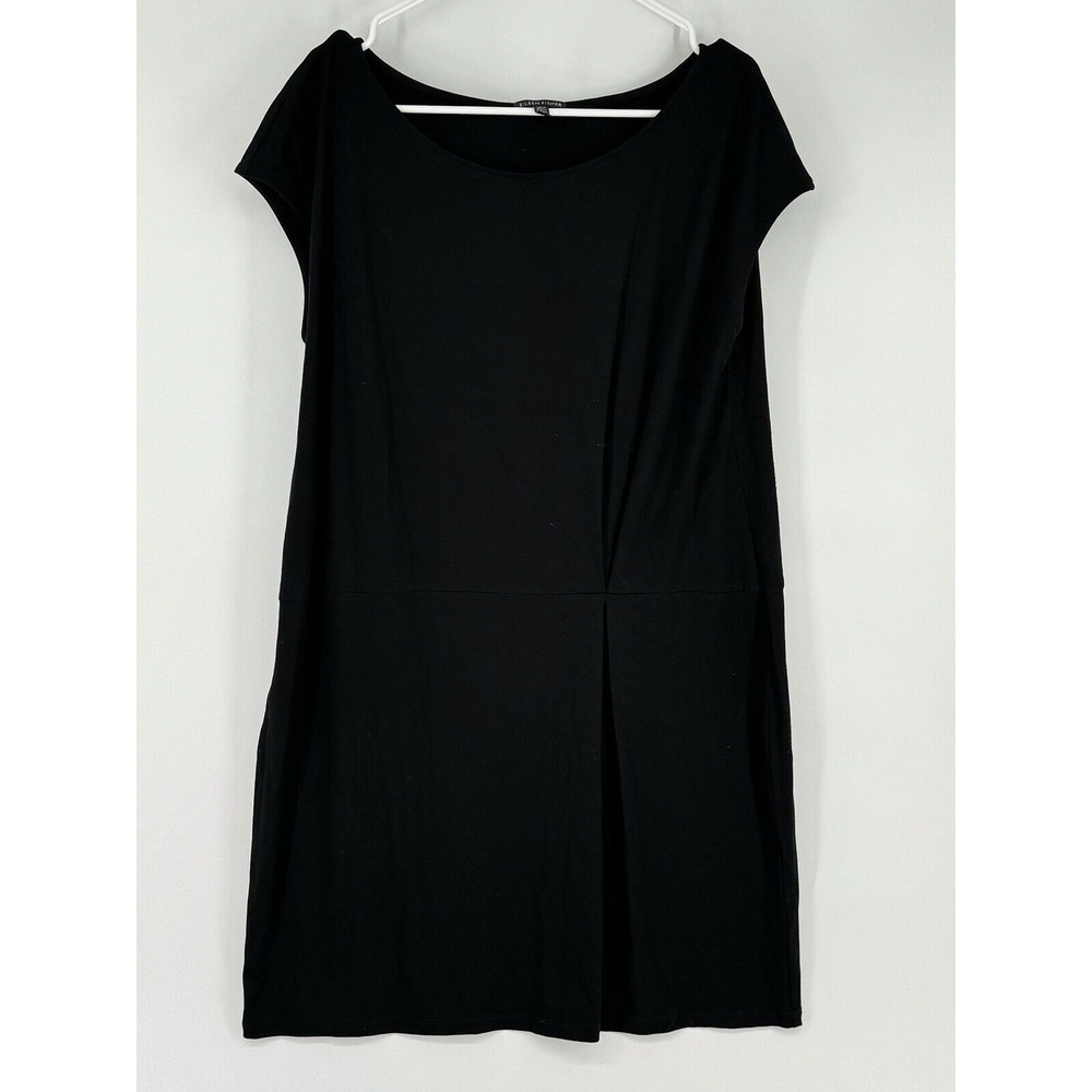 EILEEN FISHER Front-Pleat Mini Dress Cap-Sleeve Viscose Blend Knit Black Size XL